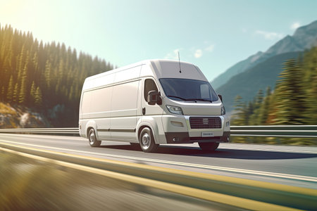 Cargo van moving fast on the road to city suburb. Busines logistics express service. Generative AI .の素材