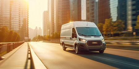 Cargo van moving fast on the road to city suburb. Busines logistics express service. Generative AI .の素材