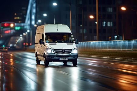 Cargo van moving fast on the road to city suburb. Busines logistics express service. Generative AI .の素材
