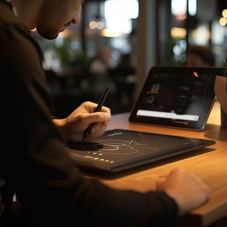 Close up hand Graphic designer using a graphics tablet ,Generative AI.の素材