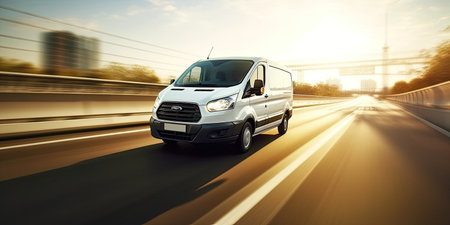 Cargo van moving fast on the road to city suburb. Busines logistics express service. Generative AI .の素材
