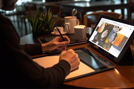 Close up hand Graphic designer using a graphics tablet ,Generative AI.の素材