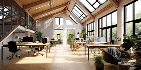 Loft coworking office interior. 3D rendering,Generative AI.の素材