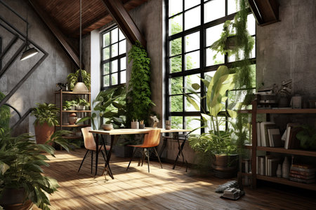 Loft rustic office interior. 3D rendering,Generative AI.の素材