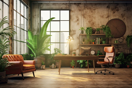 Vintage office ,interior with plant. 3D,Generative AI.の素材