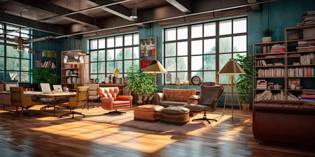 Vintage office ,interior with plant. 3D,Generative AI.の素材