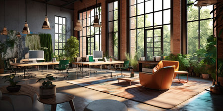 Vintage office ,interior with plant. 3D,Generative AI.の素材