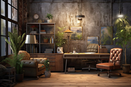 Loft ,Rustic office ,interior with plant. 3D ,Generative AI.の素材