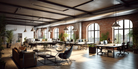 Loft coworking office interior. 3D rendering,Generative AI.の素材