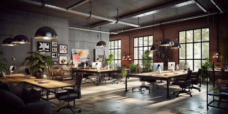 Industrial coworking office,interior 3D,,Generative AI.の素材