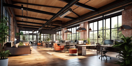 Industrial coworking office interior. 3D rendering,Generative AI.の素材