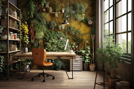 Loft ,Rustic office ,interior with plant. 3D ,Generative AI.の素材
