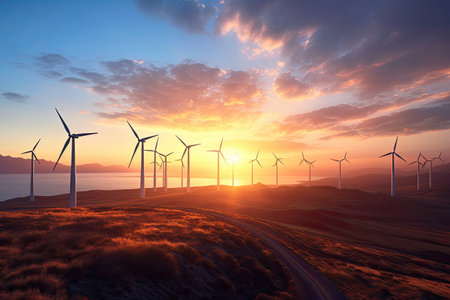 Solar panels and wind turbines at sunset.Eco-friendly renewable energy concept. Generationの素材