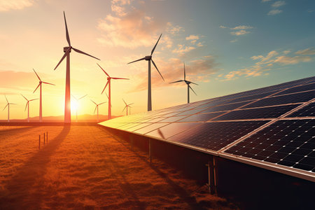 Solar panels and wind turbines at sunset.Eco-friendly renewable energy concept. Generationの素材