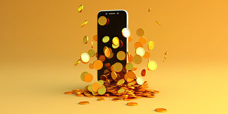 Financial mobile application, cashback  and earning concept.  with golden coins returning back from dark modern smartphone on light background,3D rendering,copy space.generative aiの素材