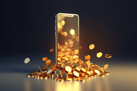 Financial mobile application, cashback  and earning concept.  with golden coins returning back from dark modern smartphone on light background,3D rendering,copy space.generative aiの素材