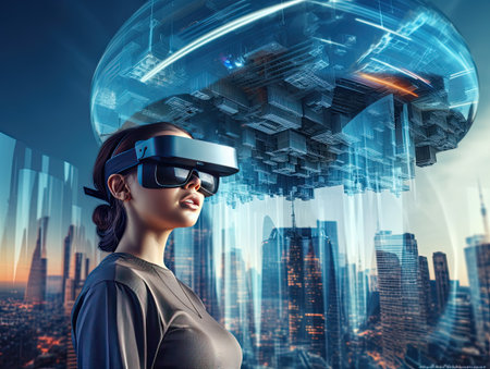 Young woman enjoying Future digital vr technology and entertainment. Space exploration with augmented reality glasses.Generative AI .の素材