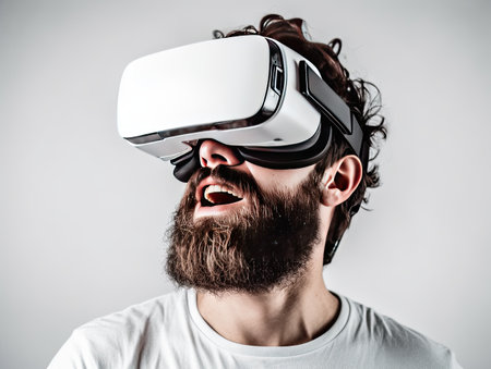 Young man play game in VR glasses. Hipster with virtual reality headset. Generative AIの素材