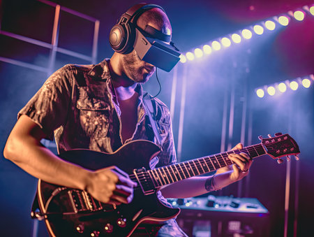 A picture of a young man put VR goggles to enjoying playing the guitar. the magic of music. Generative AI .の素材