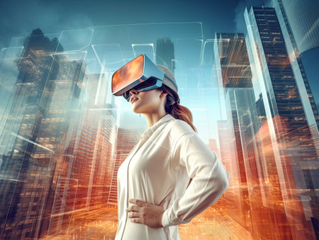 Young woman enjoying Future digital vr technology and entertainment. Space exploration with augmented reality glasses.Generative AI .の素材