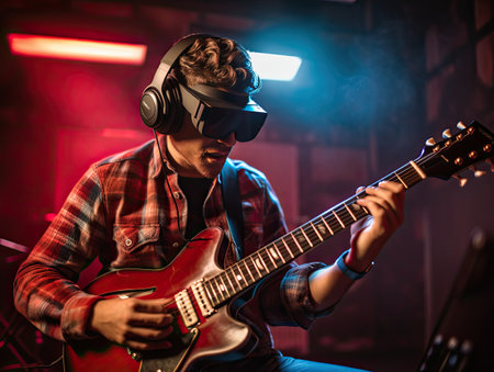 A picture of a young man put VR goggles to enjoying playing the guitar. the magic of music. Generative AI .の素材