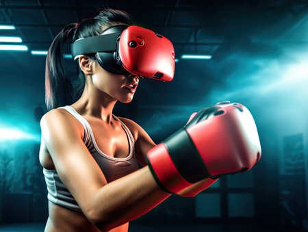 Young woman boxing exercise. Virtual reality simulation in digital VR games .Generative AI .の素材