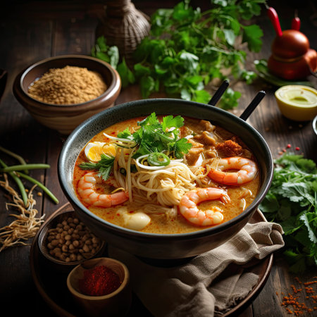 Penang assam laksa â Malaysia food ,top view,rustic style background, copy space,Generative AI.の素材