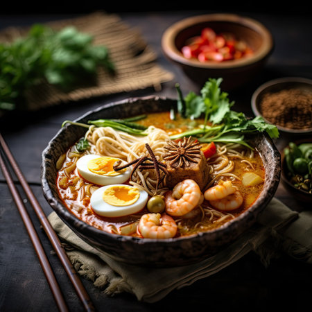 Penang assam laksa â Malaysia food ,top view,rustic style background, copy space,Generative AI.の素材