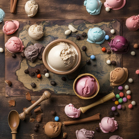 Ice cream , multi color, world, nuts, marshmallows, chocolate, rustic style background, copy space,Generative AI.の素材