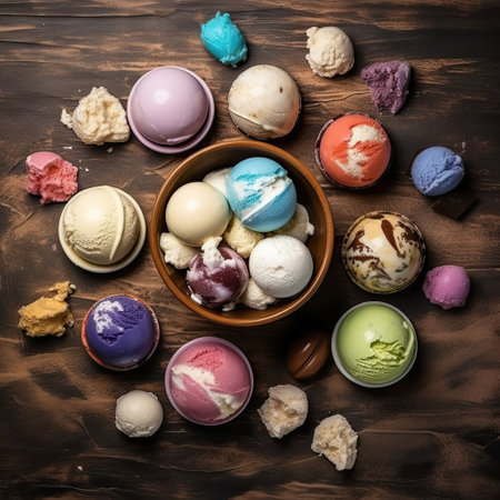 Ice cream , multi color, world, nuts, marshmallows, chocolate, rustic style background, copy space,Generative AI.の素材