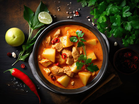 Massaman Curry ,Thailand food on a dark rustic background, copy space,Generative AI.の素材