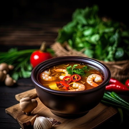 Tom Yum Goong,Thailand food ,rustic style background, copy space,Generative AIの素材