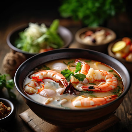 Tom Yum Goong,Thailand food ,rustic style background, copy space,Generative AIの素材