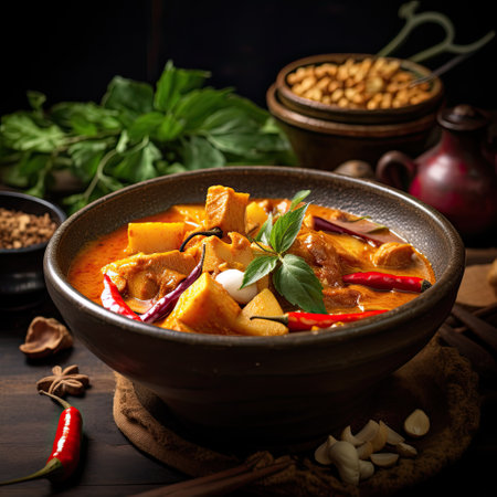 Massaman Curry ,Thailand food on a dark rustic background, copy space,Generative AI.の素材