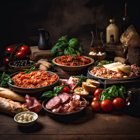 Assorted various Italian food on a dark rustic background,Generative AI.の素材