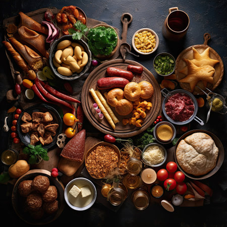 Assorted various German food on a dark rustic background,Generative AI.の素材