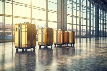 Suitcases in airport. Travel concept. airplane at background ,Generative AIの素材