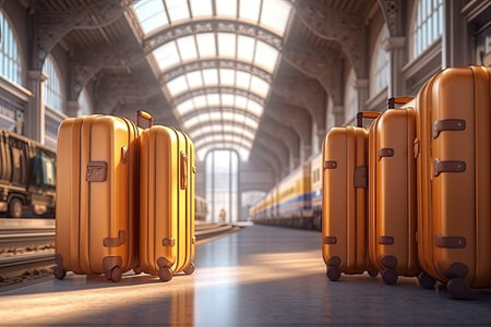 Suitcases in train station. Travel concept ,Generative AIの素材