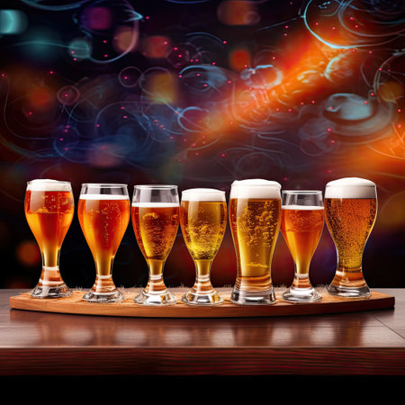Flight of beer for tasting on a bar counter with a blurred background.の素材
