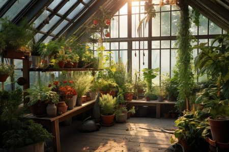 Greenhouse with plants. indoor gardening ,Generative AIの素材