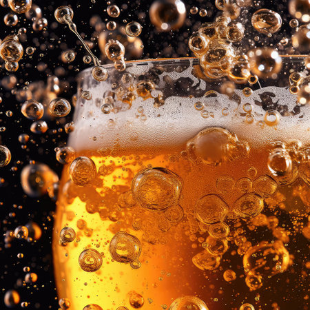 Cold Craft light Beer in a glass with water drops. Pint of Beer close up isolated on black color background.の素材