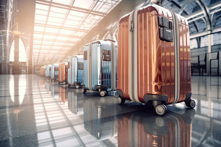 Suitcases in airport. Travel concept. airplane at background ,Generative AIの素材
