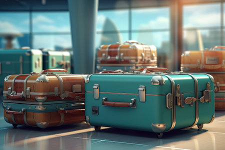 Suitcases in airport. Travel concept. airplane at background ,Generative AIの素材