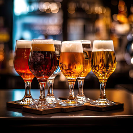 Flight of beer for tasting on a bar counter with a blurred background.の素材