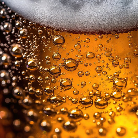 Close up background of beer with bubbles in beerの素材