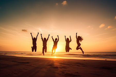 Friend jumping on the beach at sunset, silhouettes of happy  friend  ,Generative AIの素材