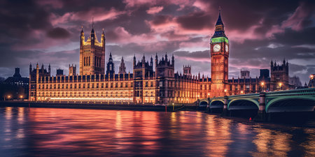Big Ben and the Houses of Parliament at sunset in London, UK  ,Generative AIの素材