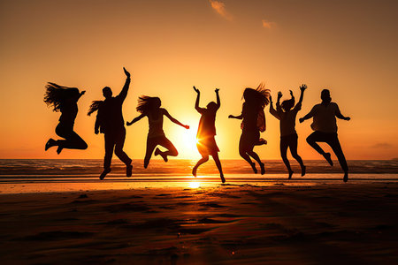Friend jumping on the beach at sunset, silhouettes of happy  friend  ,Generative AIの素材