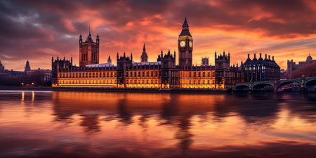 Big Ben and the Houses of Parliament at sunset in London, UK  ,Generative AIの素材