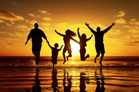 Family  jumping on the beach at sunset.,Generative AIの素材
